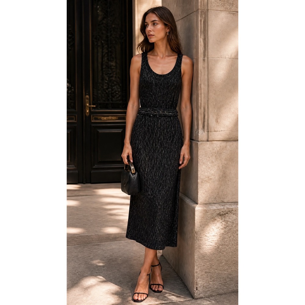 The Limited Womens Black White Dash Print Belted Midi Sheath Dress XS Sleeveless